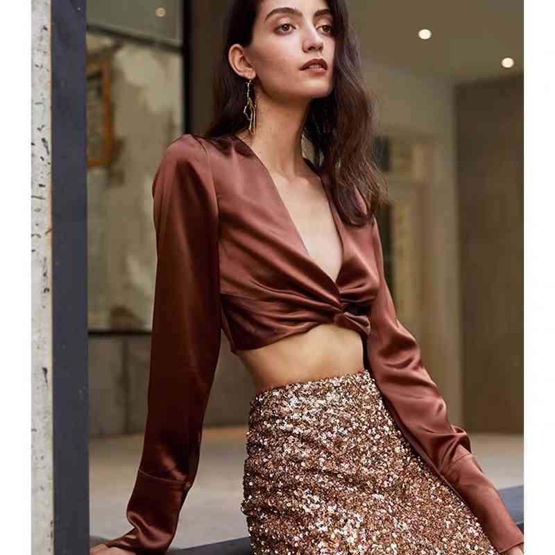 Brief Pleated Temperament Satin Crop Shirt Women Sexy Cross V neck Hem Tie Pullovers Blouse Short Tops 210429