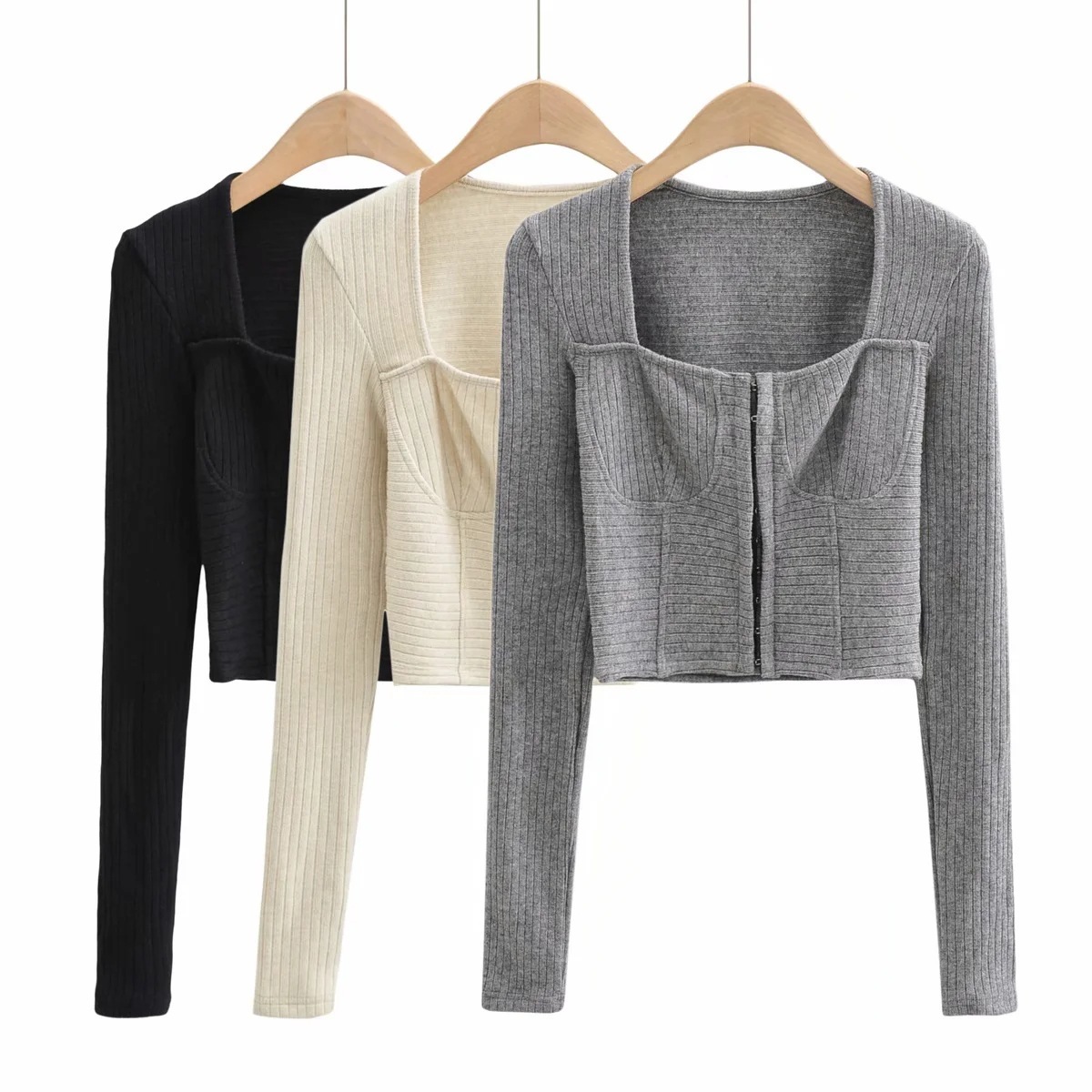 Nomikuma Spring New Square Collar Zipper Cardigan Knitwear Slim Short Knitted Coat Sexy Long Sleeve Women Sweater 6D991 210427