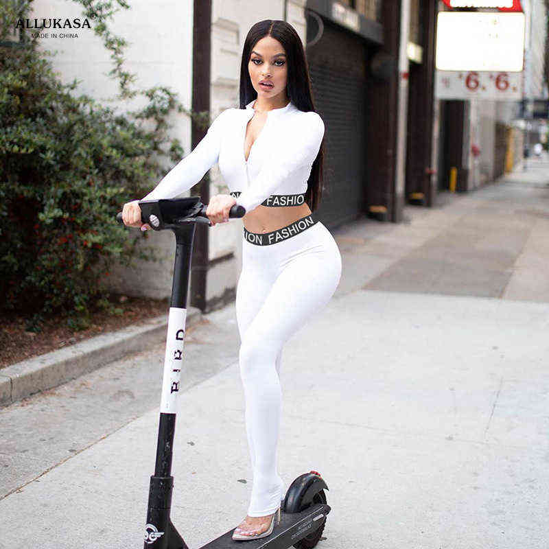 tops Letter Print Sporty Workout Active Wear Casual Matching Sets Women Skinny Bodycon Tracksuit Zipper Top And Pants Set 211116