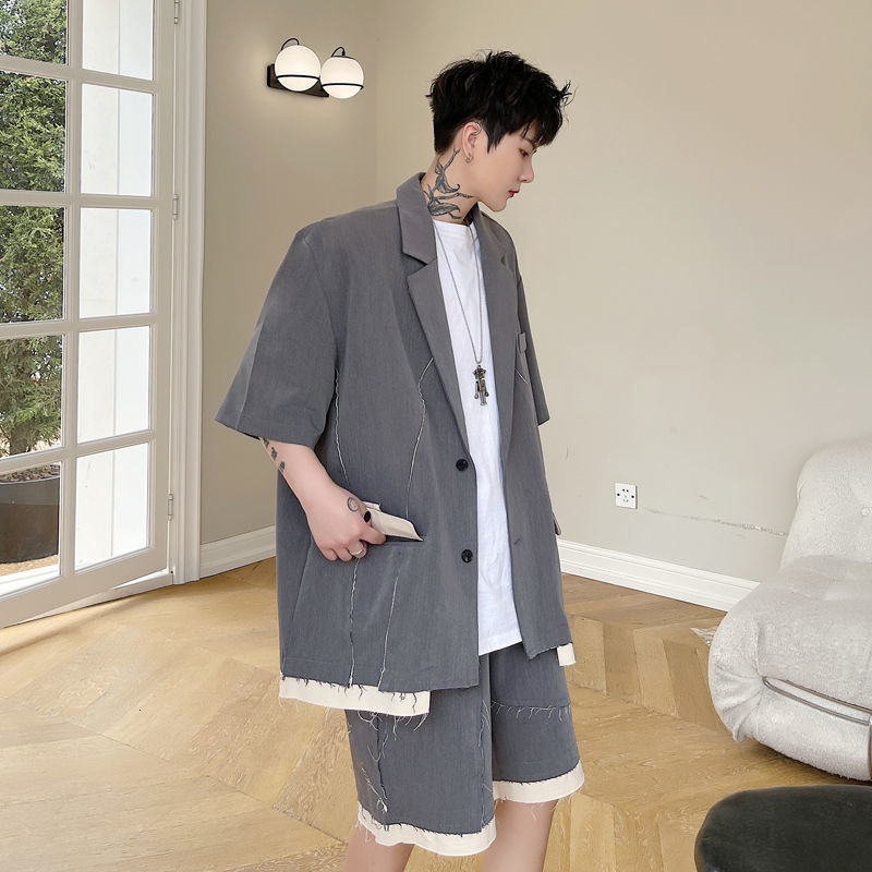 IEFB Man Jacket Elegant Summer Split Line Patchwork Short Sleeve Suit Jacket Men Korean Suit Male Blazer Outfit 9Y7727 210524