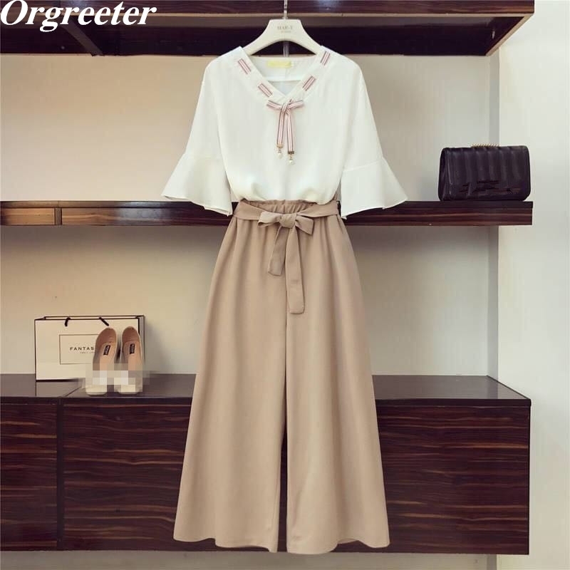 Plus Size Pants Suit Summer Women's Bow Loose Chiffon Shirt + High Waist Sashes Wide-legged Two-piece Lady Set 210525, Khaki
Plus Size Pants Suit Summer Women's Bow Loose Chiffon Shirt + High Waist Sashes Wide-legged Two-piece Lady Set 210525, Khaki