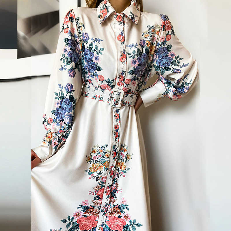 Women Dress Retro Printed Maxi es Long Sleeve Single Breasted Belt Vintage Plus Size Ladies es 210524