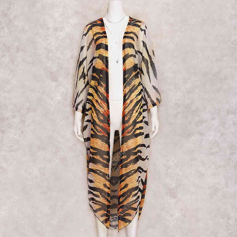 Yellow Sexy Tiger Striped Chiffon Bikini Cover-ups Plus Size Kimono Dress Summer Women Beach Wear Swim Suit Cover Up A866 210420