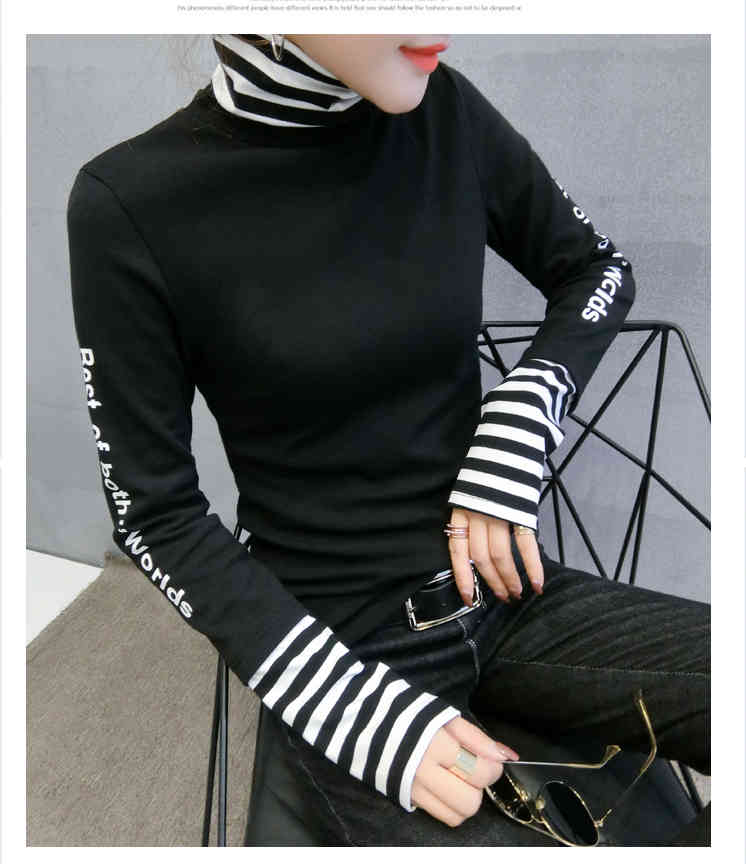 European Fashion Patchwork Striped Thick Broshed Tshirt Autumn Winter Long Sleeve Top Clothes Camiseta Mujer Shirt T97311 210406