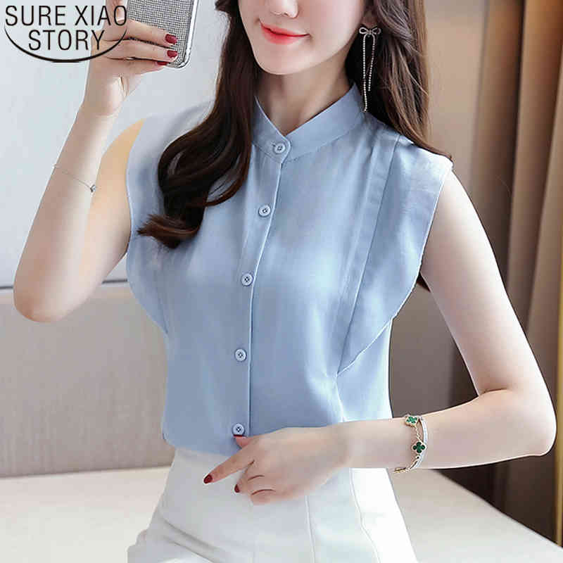 Women Tops Korean Sleeveless Chiffon Shirt Solid Casual Stand Collar Grey Blue Cardigan Womens and Blouses 9789 210506