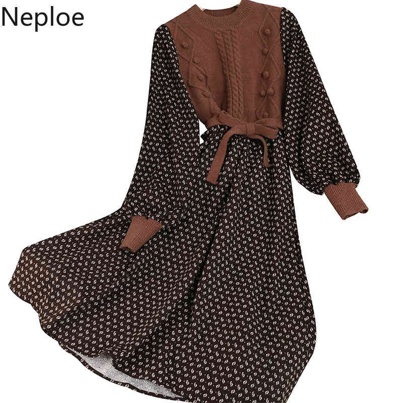 Neploe Patchwork Lnitted Ribbed Dress Slim Waist Lace Up Floral Vestidos O-neck Long Sleeve Vintage Robe Dresses for Women 4G305 210422