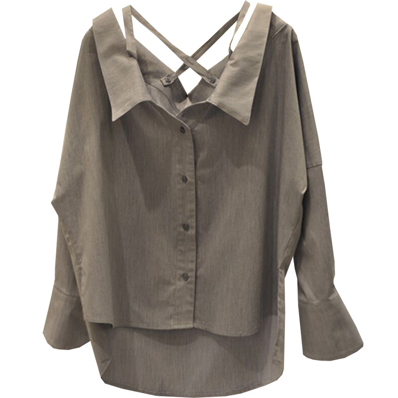 MATAKAWA Loose Casual Shirts Korean Spring Blouse Women Single-breasted Blusas Front Short Back Long Backless Shirt Women 210513