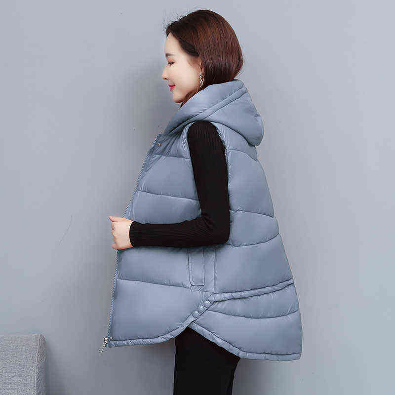 Women Winter Vest Zipper Coats Hooded Down Cotton Jacket Parkas Female Warm Loose Mid-Length Women's Sleeveless 211120