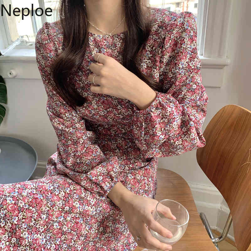 Neploe Dress for Women Chic Spring Robe O-neck Puff Sleeve Lace Up Slim Vestidos Mujer Korean Floral Vintage Maxi Dresses 95243 210422