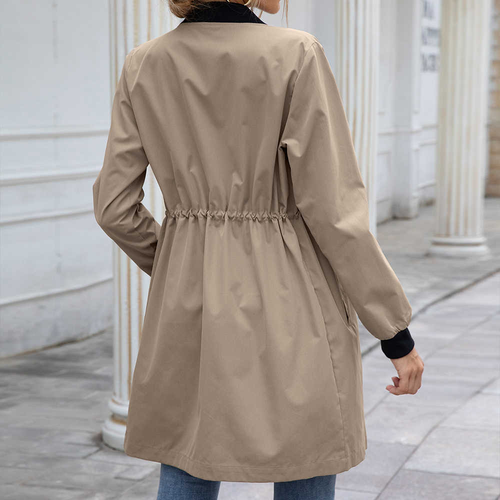 Women Raincoat Outdoor Streetwear Slant Pocket Drawstring Waterproof Mid-length Trench Autumn Long Sleeve Stand Collar Cardigan 210820
