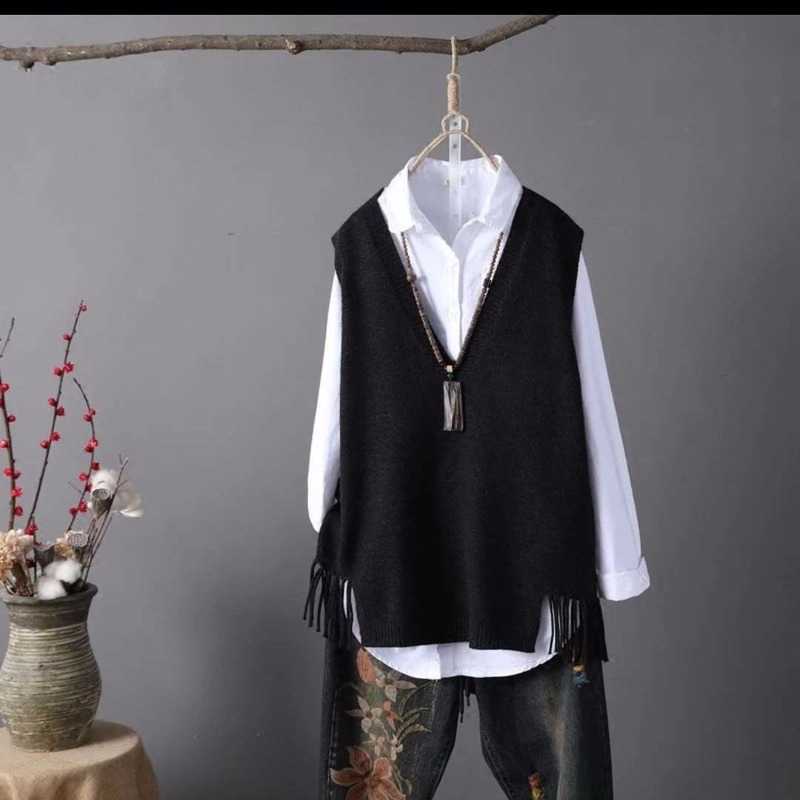 V-neck Sweater Vest Women Casual Loose Fringed Student Knitted Halter Korean Version of The Wild Spring Jumper Girl 210819
