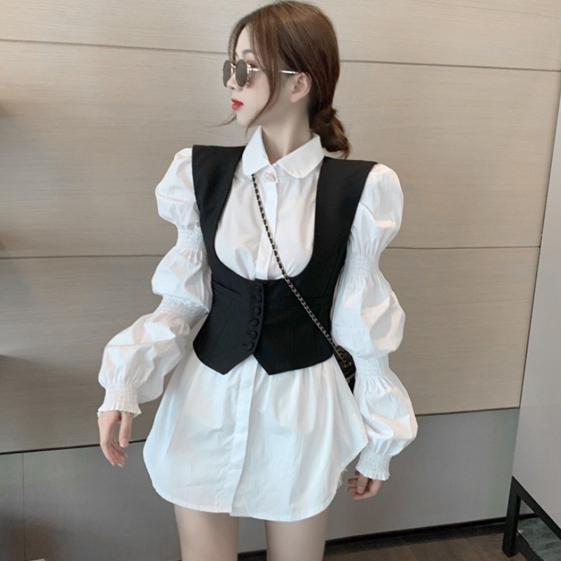 Two Pieces Set Korea Chic Turn Down Collar Puff Long Sleeve White Shirt + single-breasted Vest Sweet Suit Women 210519