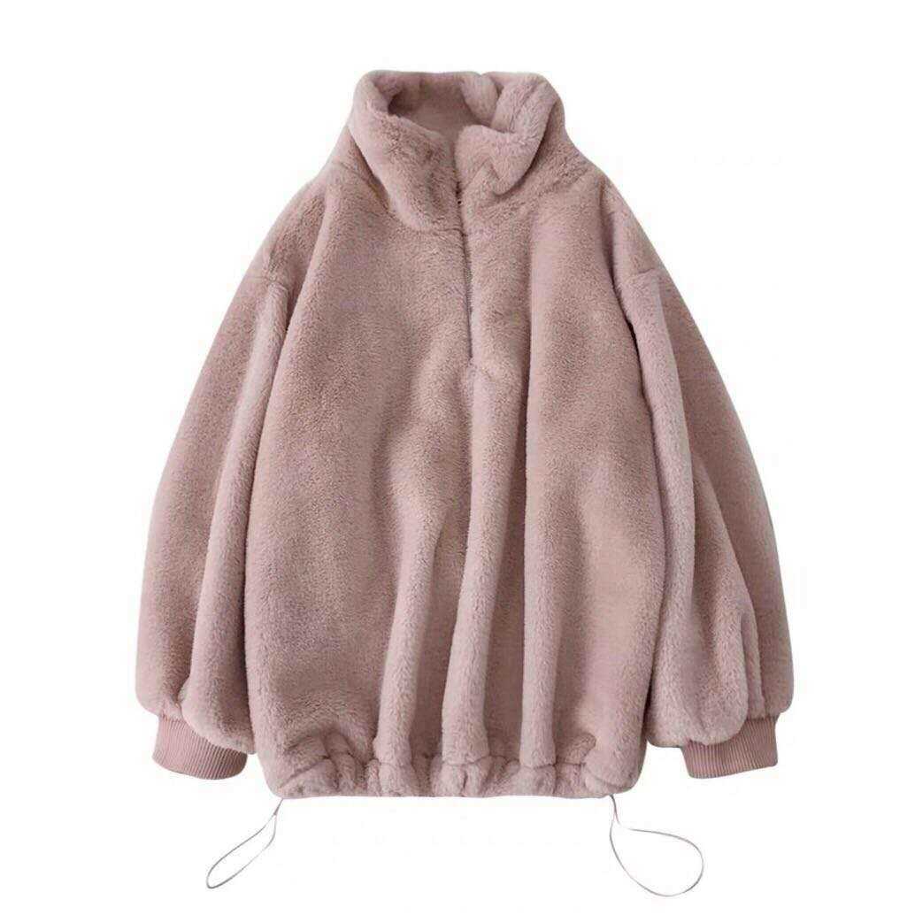 Turtleneck Furry Sweatshirt Women Winter Casual Plush Faux Fur Coat Vintage Thick Korean Zipper Keep Warm Hoodies Tops 211019