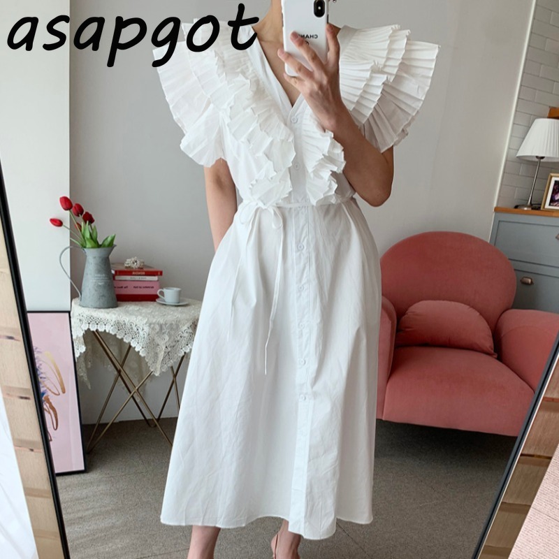 Chic Korean Elegant Sexy White V Neck Ruffles Sleeveless Big Swing Dress Single-breasted Heavy Pleated Lace-up Waist Casual 210429