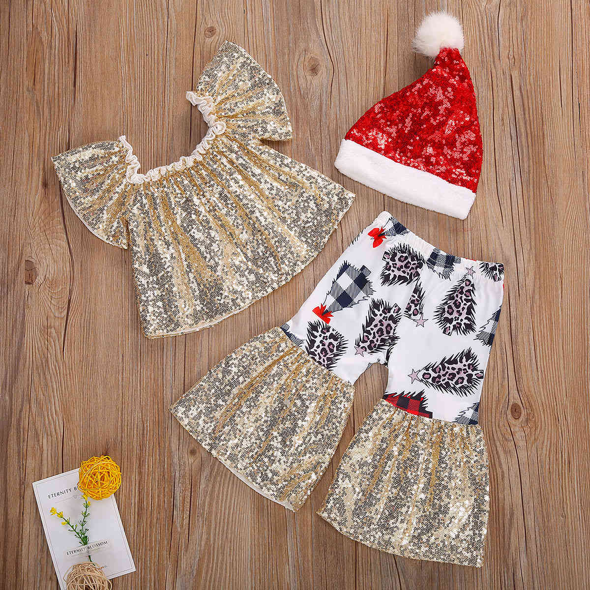 6M-4Y Toddler Infant Baby Kid Girl Christmas Clothes Set Sequins Ruffles T shirt Cartoon Flare Pants Hat Xmas Outfits 210515