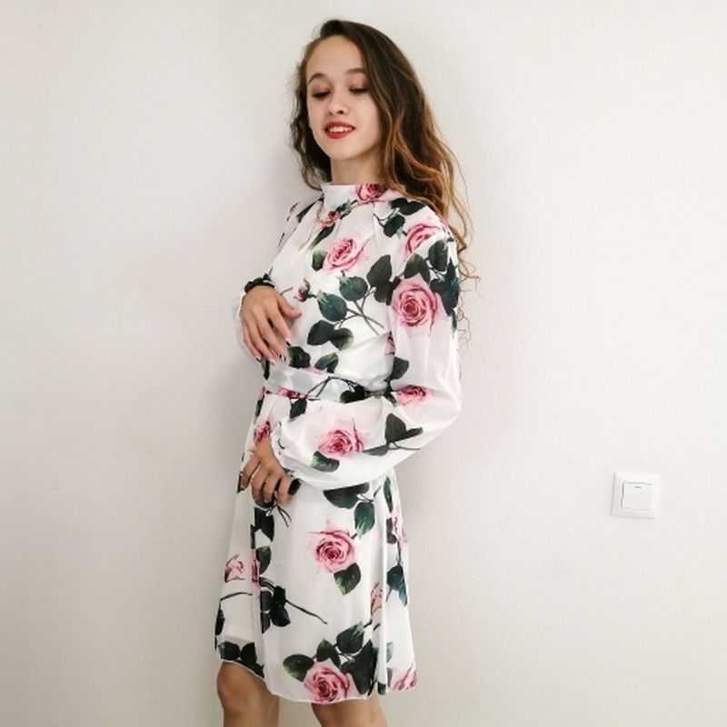 Women Chiffon Floral Dress Ladies Above Knee Mini Empire Beach Style Dresses High Waist Belt Vestido Turtle Neck Fashion Costume 210409