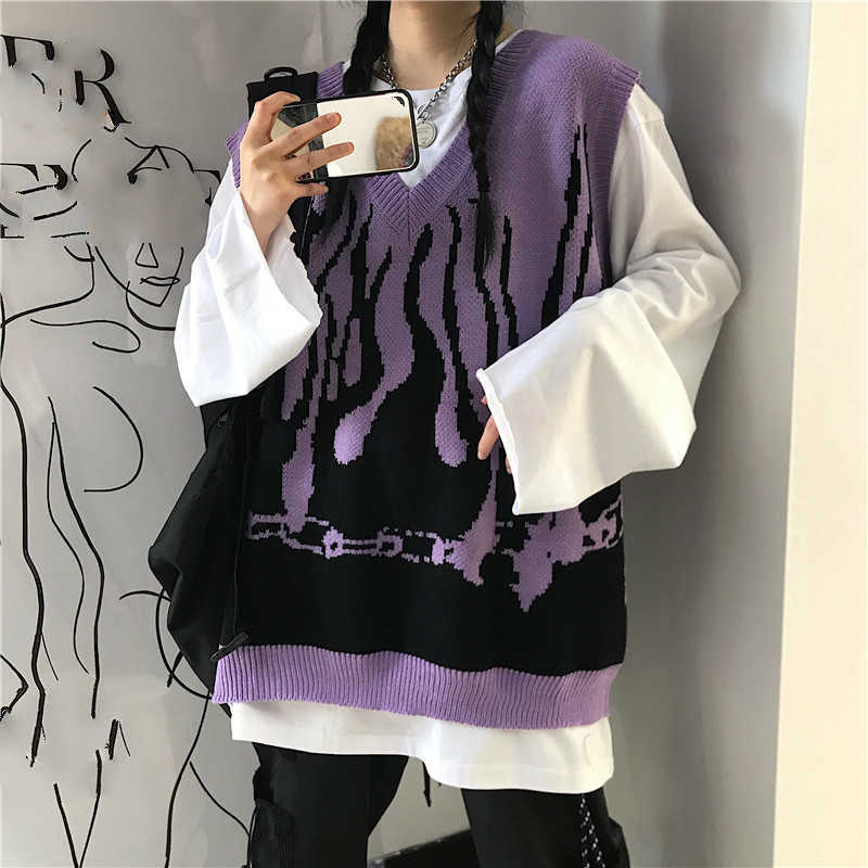 Neploe Autumn Winter Korean Sleeveless V-neck Knitted Vest Flame Printed Causal Women Men Sweater Pullover 4E202 210812