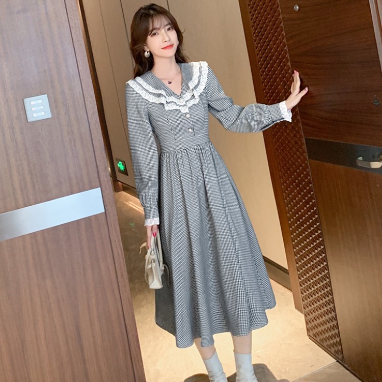 Spring Korean Vintage Temperament Office OL Plaid Casual Single breasted High Waist Slim Big Swing Elegant Dress Vestidos 210519