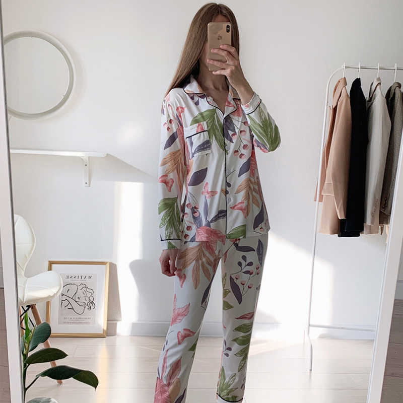 Spring Autumn Women's pajamas 100%Viscose long sleeves trousersset woman 2 pieces Sleepwear women's Floral Printed 210928