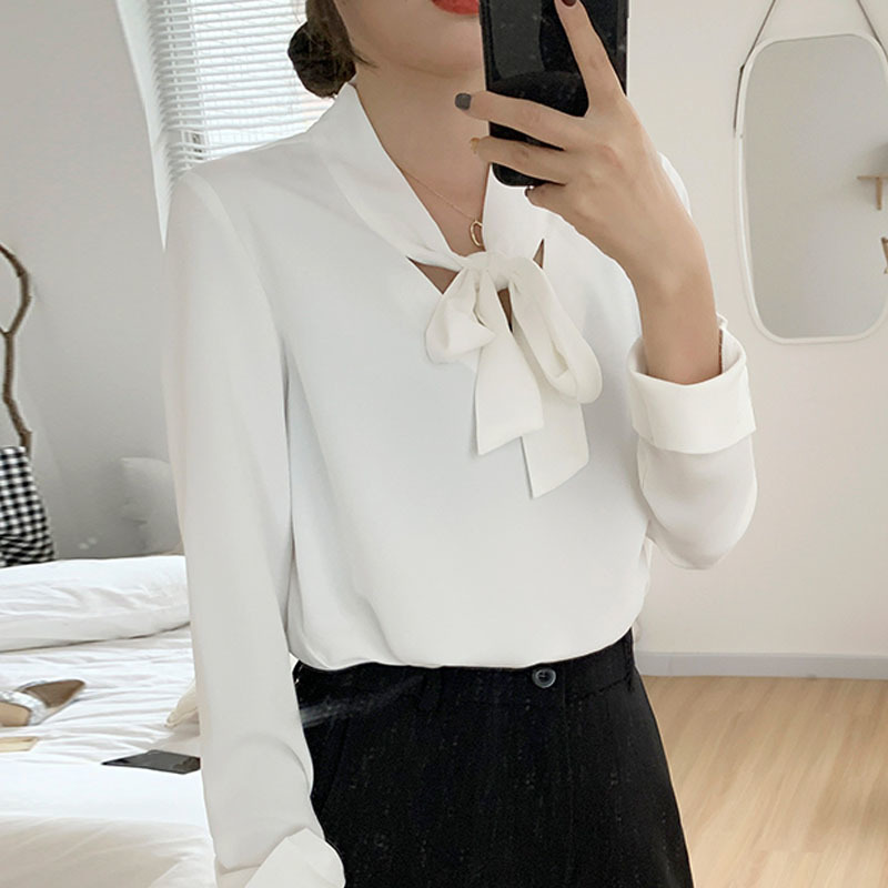 Fashion Women White Blouses Office Lady for Long Sleeve Bow Tops Casual V-neck Elegant Shirts 6073 50 210506