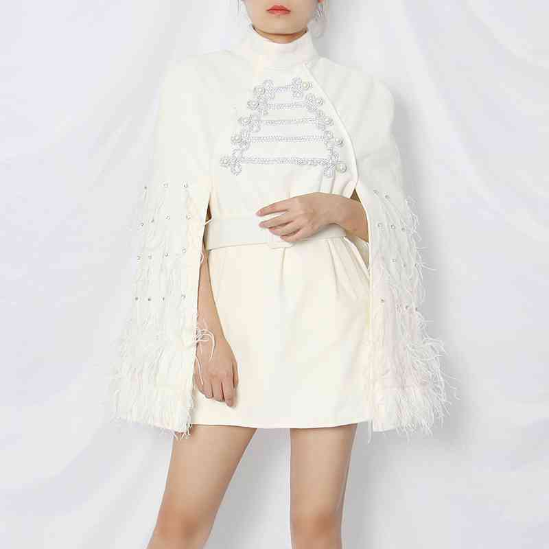 Elegant Patchwork Feather Women Jacket Turtleneck Long Sleeve High Waist Sashes Pearl Casual Coat Female 210524