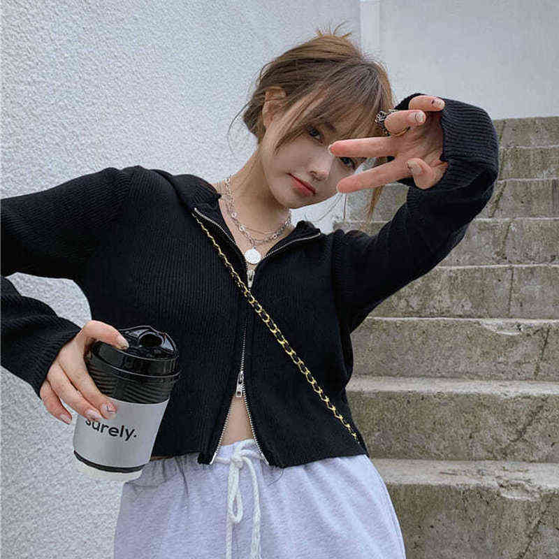 Rimocy Autumn Zip-up Cardigans Women Casual Slim Fit Knitted Hoddied Crop Cardigan Woman Korean Solid Color Sweaters Ladies 211117