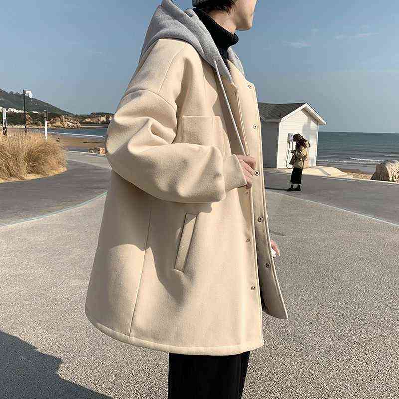 Hooded woolen coat men winter clothe thick loose casual jacket Hong Kong style Preppy handsome unisex mid-length windbreaker 211122