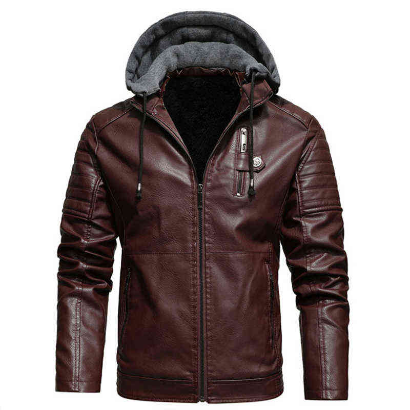 Men's Fleece Liner PU Leather Jackets Coats with Hood Autumn Winter Casual Motorcycle Jacket For Men Windbreaker Biker Jackets 211111