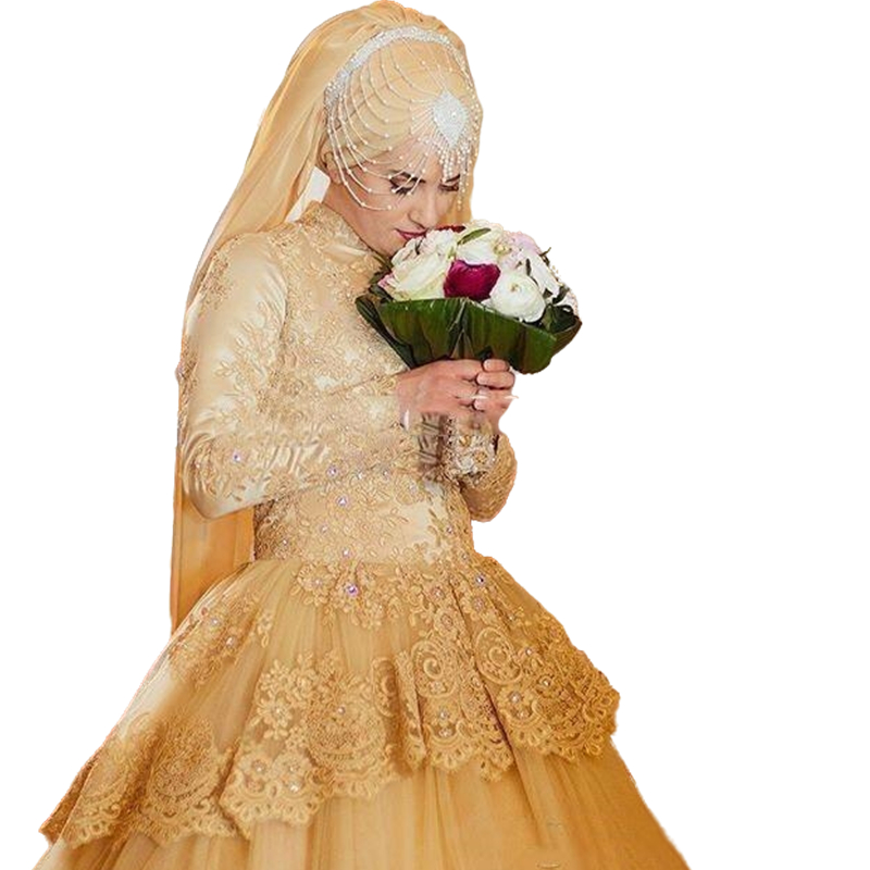 Modest Hijab Muslim Gold Wedding Dresses A Line High Neck Long Sleeves Appliques Lace Beads Crystals Retro Train Arabic Islamic Bridal Gowns