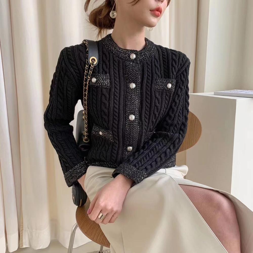 Autumn Winter twist Knitted Sweater Tops Women Office OL Elegant Long Sleeve Pearl Button casual Slim Cardigan Coat 210519