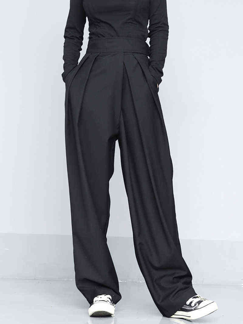 [EAM] High Waist Black Brief Pleated Long Wide Leg Trousers Loose Fit Pants Women Fashion Spring Autumn 1S399 211115