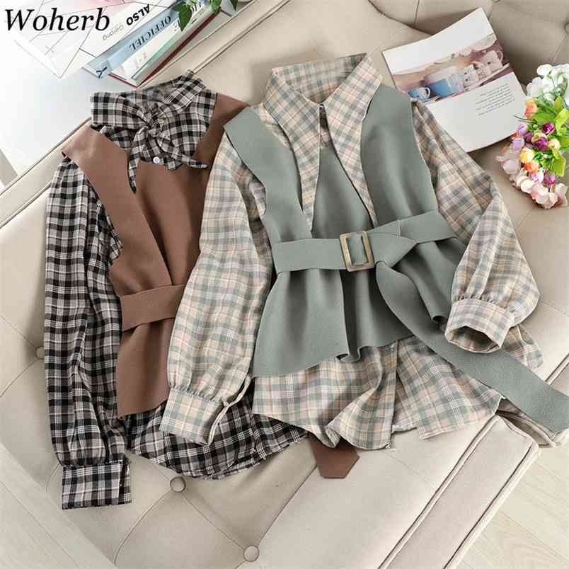 Vintage Two Pieces Set Women Paid Blouse + Belt Vest Korean Fashion Chic Outfits Casual 2 Piece Suit Mujer 210519