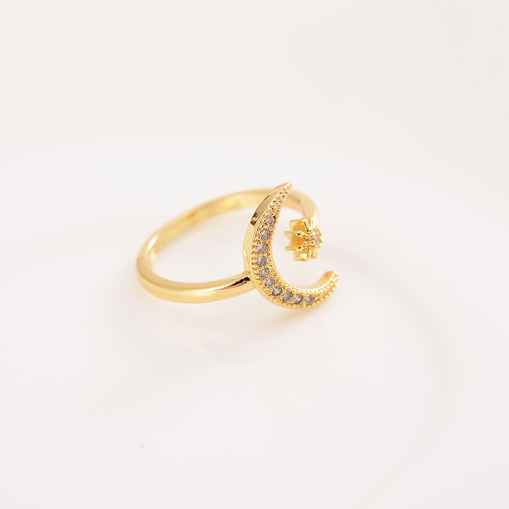Fashion Minimalist CZ Stones Moon Star Opening 24 K KT Fine Solid Gold GF Ring Charming Women Party Jewelry Cute Gift