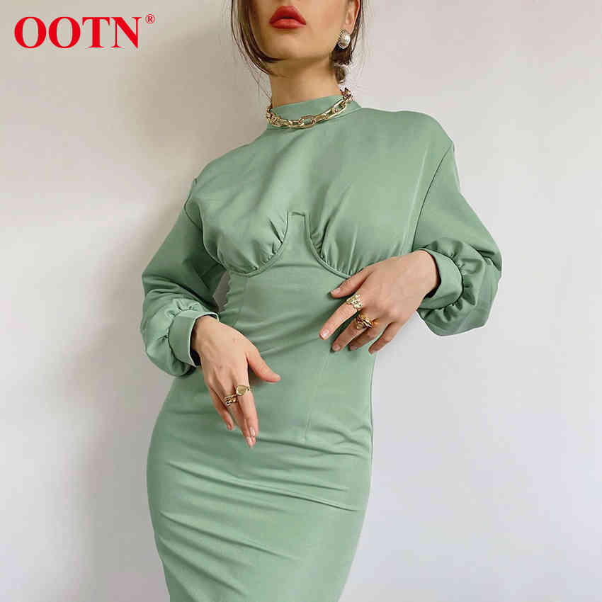 OOTN Turtleneck Winter Women Dress Elegant Autumn Midi Dress Long Sleeve Green High Waist Solid Casual Ladies Dresses Tunic 210409