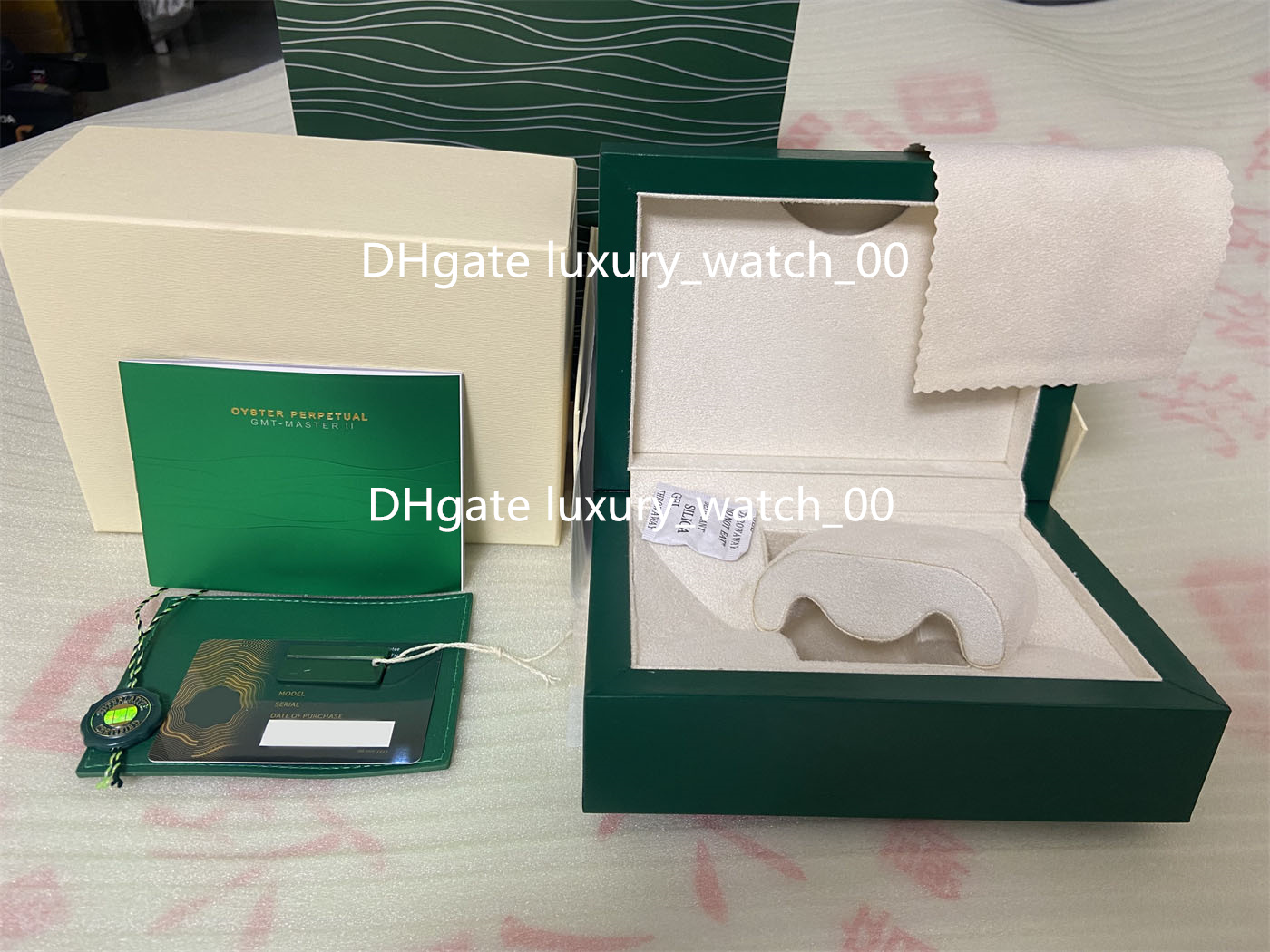 

Luxury high quality watch box super AAA + original wooden dark green gift box Rolex watch boxes 0.8kg card brochure certificate handbag label watch accessories-3