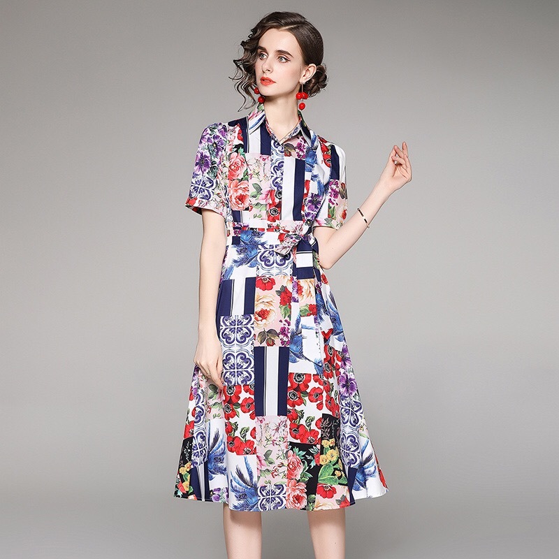 dresses for women vintage printed single breasted midi casual Summer Dress Short Sleeve Ladies Midi Vestidos z 210421