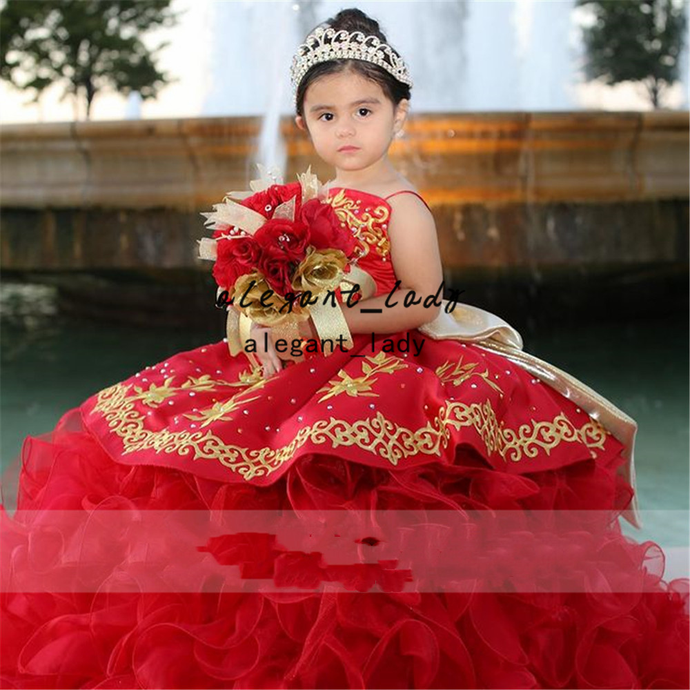Red Embroidery Children Princess Dress Beauty ruffles tiered skirt Puffy little pricess big bow Flower Girl Birthday Dresses