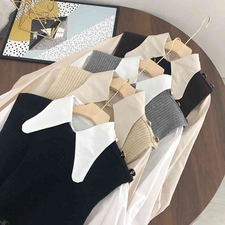 Nomikuma Spring Women Sets Lantern Long Sleeve Causal Blouse Shirt + Split Knitted Sleeveless Vest Belt Slim Waist Suits 6E288 210427