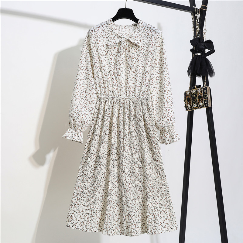 Women Casual Autumn Winter Dress Long Sleeve Bow Collar Lady Korean Style Vintage Floral Printed Chiffon Shirt Long Dresses 210409