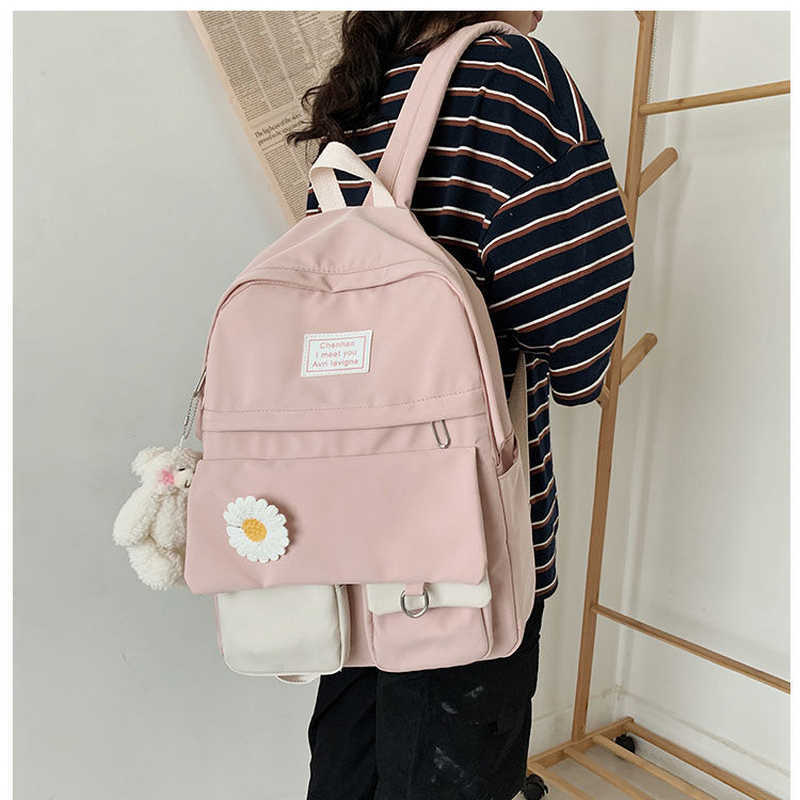 Girls School Bags for Teenagers Student Backpack Women Nylon Soft Patchwork Bookbag Teen Panelled Flowers Casual Schoolbag Black 210809
