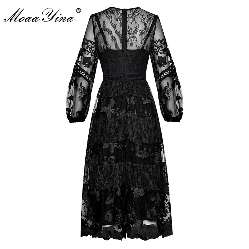 Vintage Fashion Dress Spring Women's Lantern sleeve see through Mesh Floral Embroidery Sexy party Long 210524