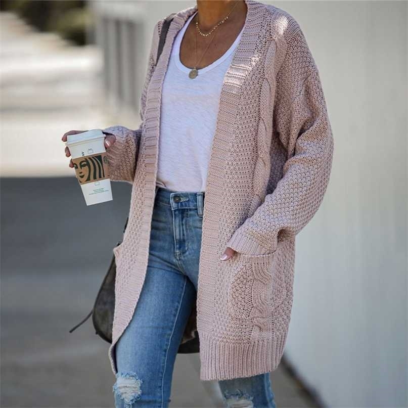 Fitshinling Pockets Twist Women's Cardigans Knitted Winter Coat Vintage Slim Holiday Boho Long Cardigan Female Knitwear 211011Z