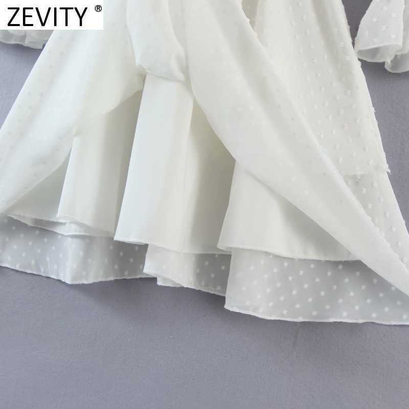 Zevity Women Sexy V Neck Knotted Dots Stitching Chiffon Dress Female Chic Puff Sleeve Elastic Waist Slim Ruffles Vestidos DS8347 210603