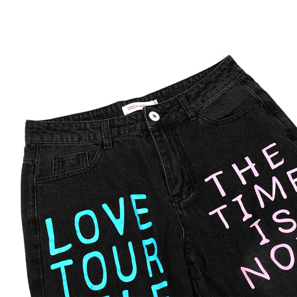 Autumn Winter Jeans Woman Letter Graffiti Offset Printing Distressed Denim Pants For Ladies Tight High-waist Nine Bottoming Jean 201030