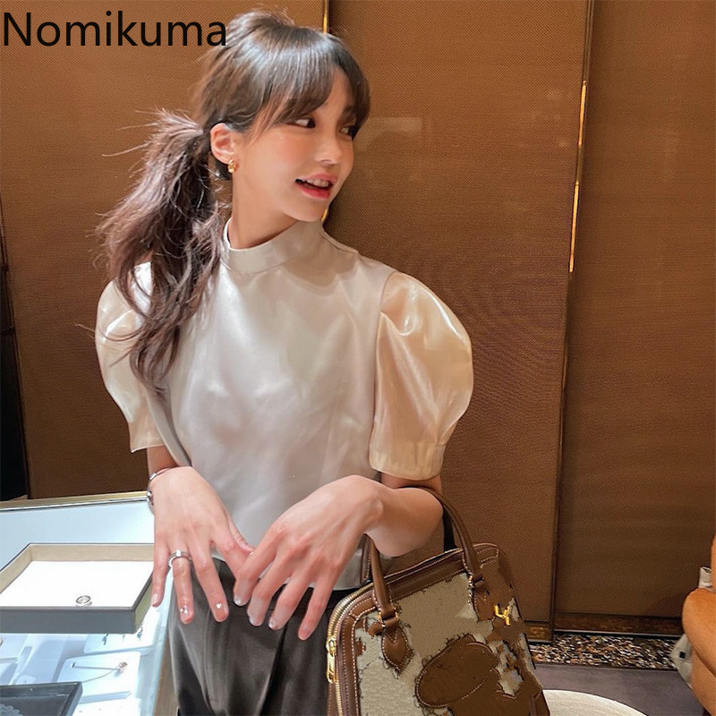 Nomikuma Puff Short Sleeve Women Blouse Spring Summer New Pullover Shirt Causal O-neck Femme Elegant Blusas Top 6E618 210427
