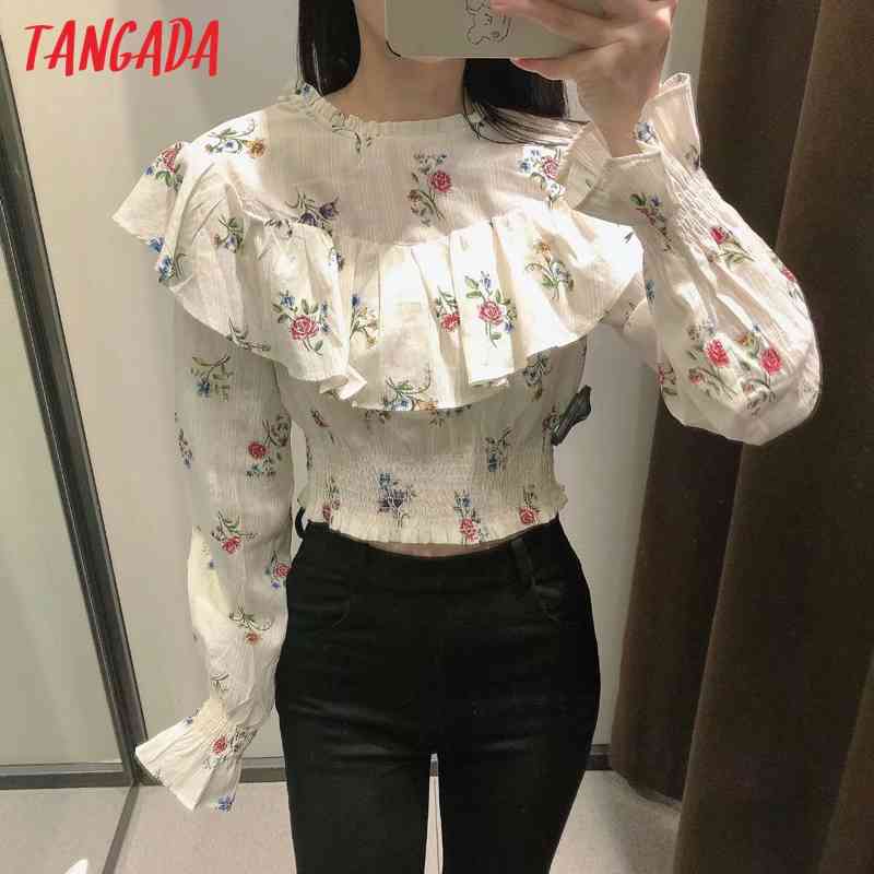 Women Retro Floral Print Ruffles Romantic Blouse Short Style Chic Female Shirt Tops 3H186 210416
