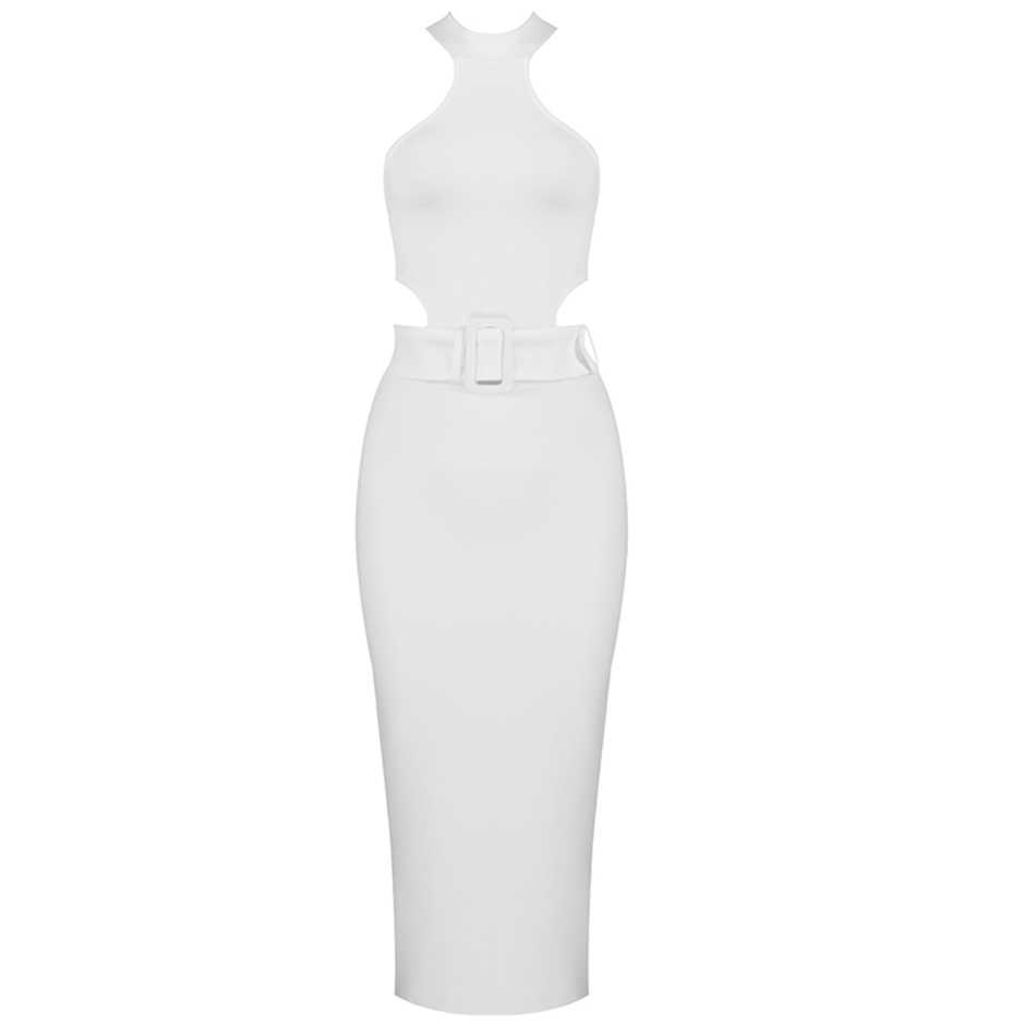 Summer White Halter Bodycon Bandage Club Women Sexy Hollow Out Sleeveless Night Runway Party Dress Vestidos 210527