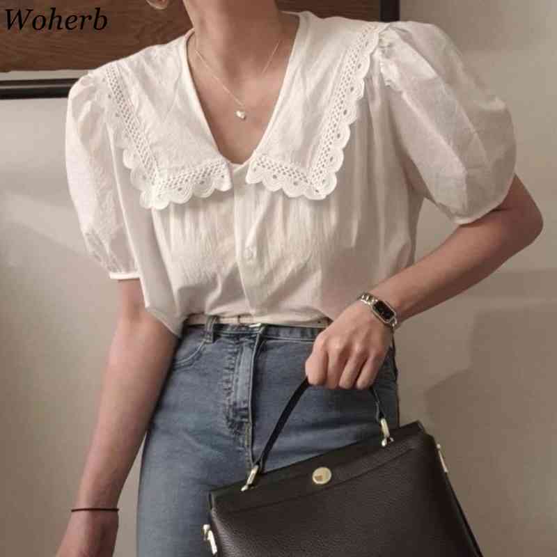 Summer Korean Chic Sweet Women Shirt White Fashion Casual Blouses Tops Female Puff Sleeve Ruffle Blusas 210519