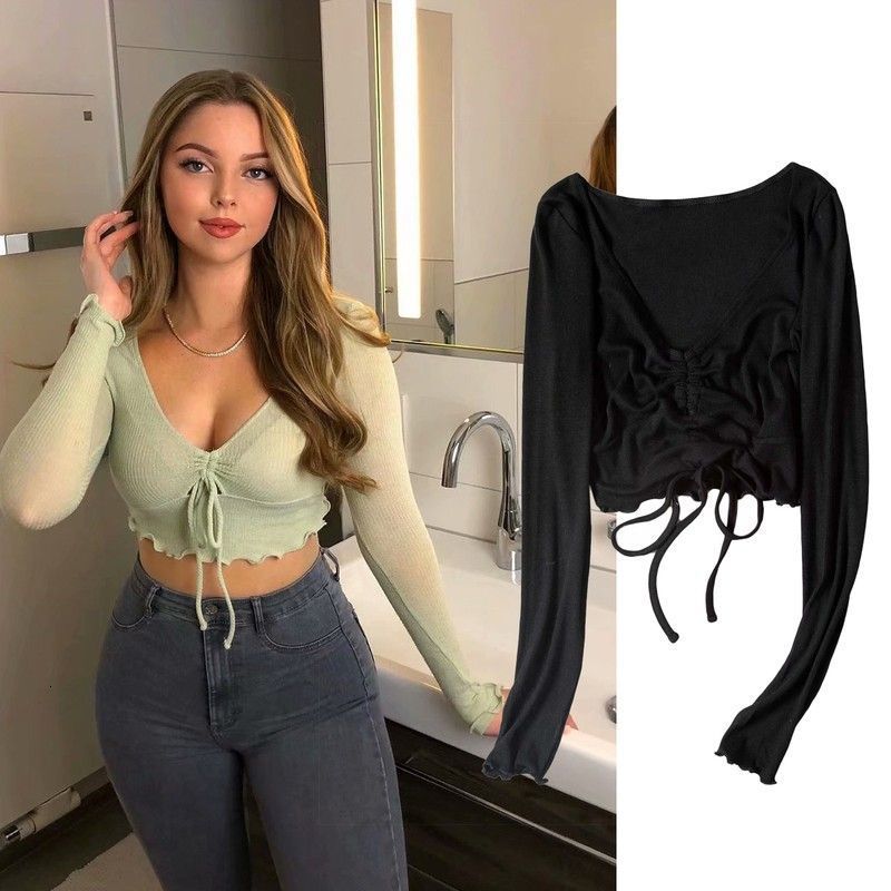 t shirt 2021 summer fashion pullover v-neck long sleeve chest drawstring lace up pleated blogger's open navel jacket, White
t shirt 2021 summer fashion pullover v-neck long sleeve chest drawstring lace up pleated blogger's open navel jacket, White