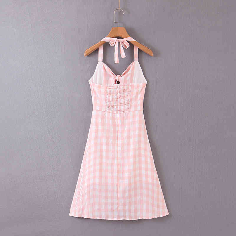 beauty Sweet Chic Pink Plaid Women's Strap Midi Dresses Holiday Style Bow Beachwear Lady's Off Shoulder Party Dress 210514